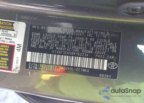 2011 Toyota Camry Le from USA, damaged, VIN 4T4BF3EKXBR162234